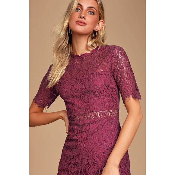 Lulu's Remarkable Burgundy Sheer Lace Short Sleeve Mini Dress M Dark Red Sheer - Picture 2 of 7